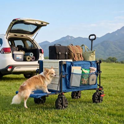 400L Folding Camping Trolley Cart with Tailgate Blue