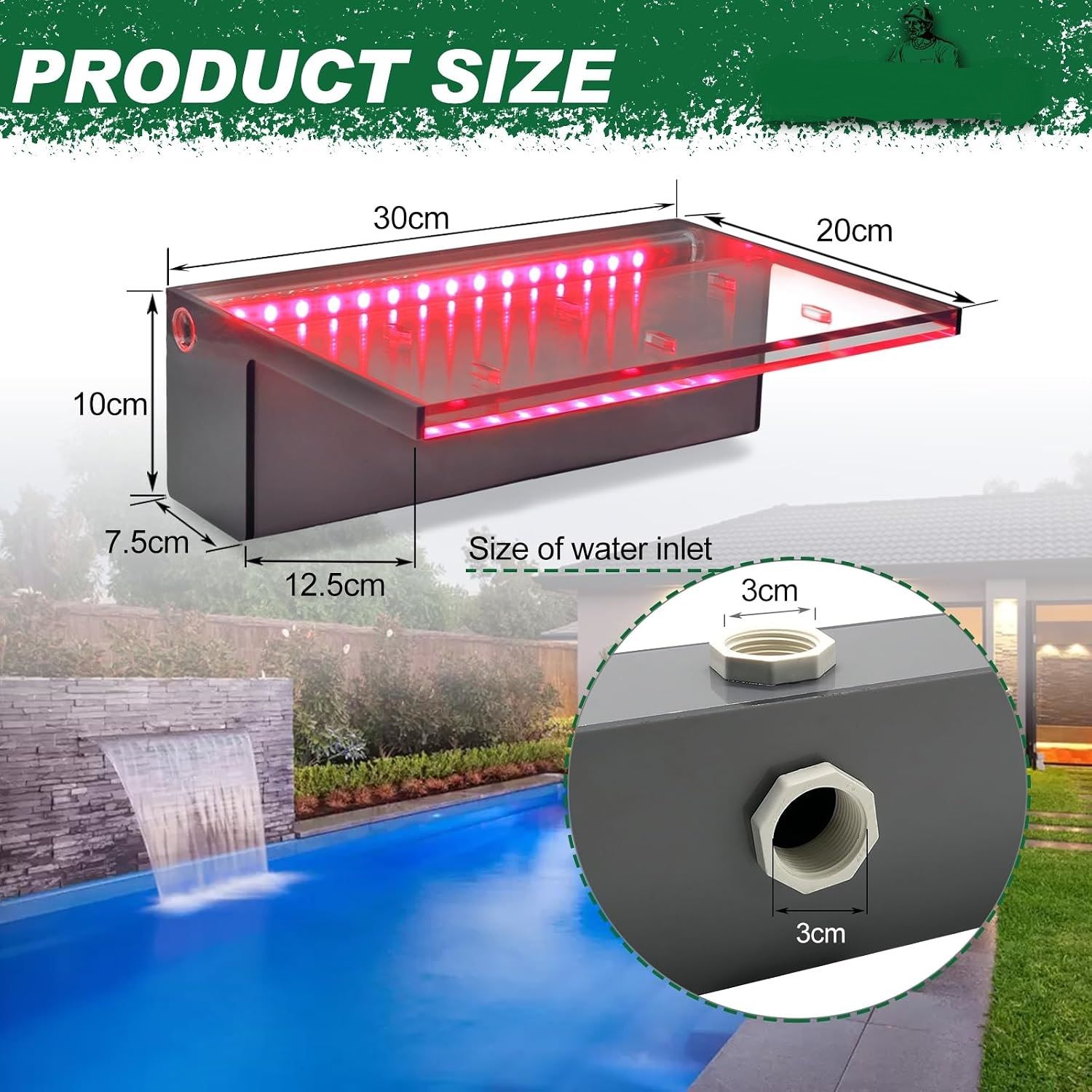Rectangular 30cm Acrylic Waterfall Pool Fountain with LED Lights