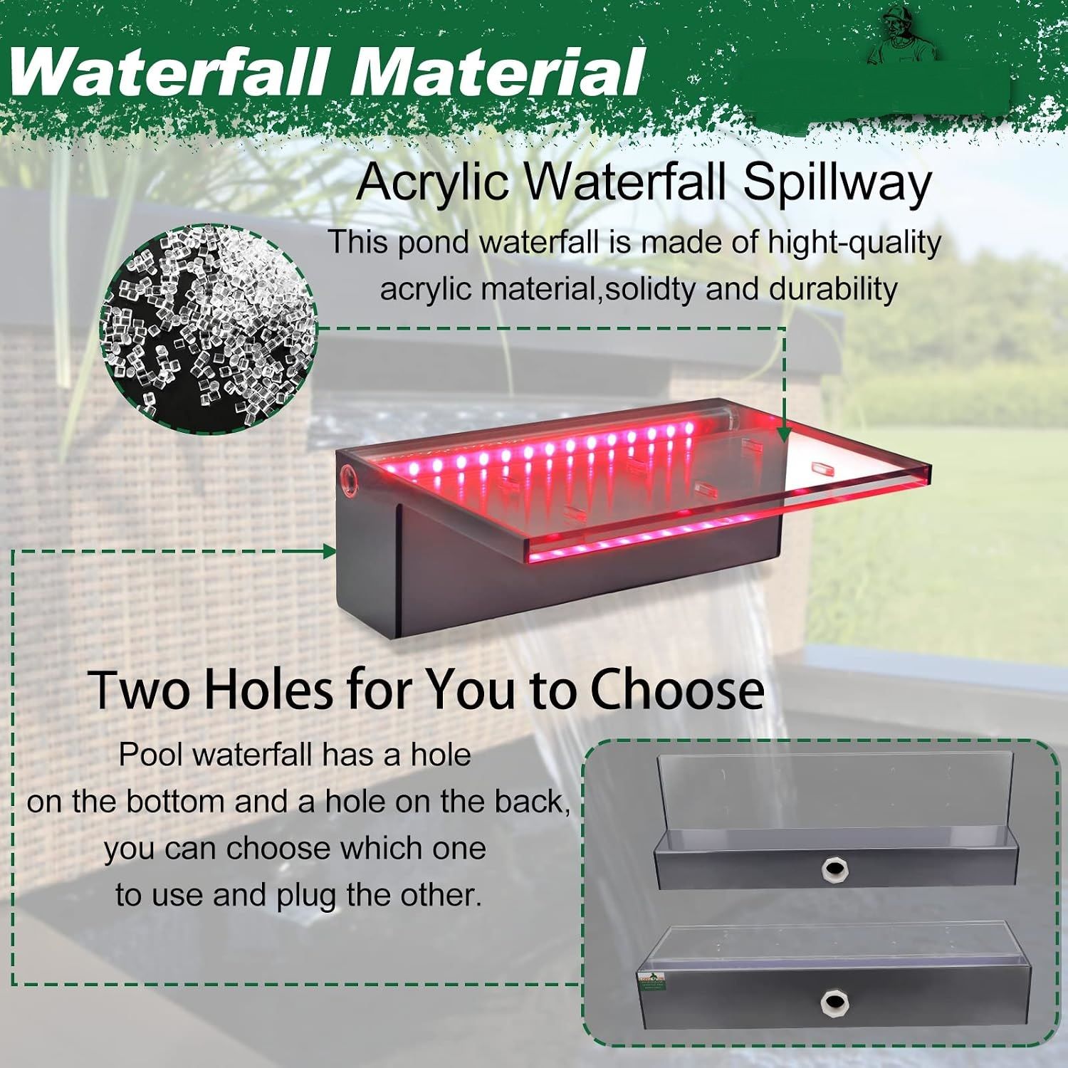 Rectangular 30cm Acrylic Waterfall Pool Fountain with LED Lights