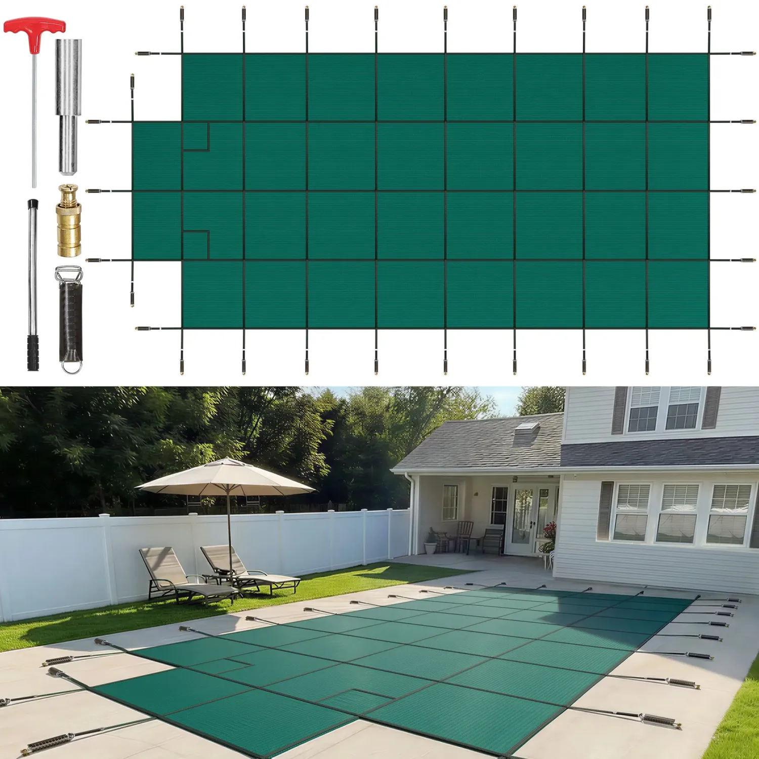 Safety 20 × 40 ft Inground Pool Cover – Heavy-Duty Mesh with Brass Anchors &amp; Springs