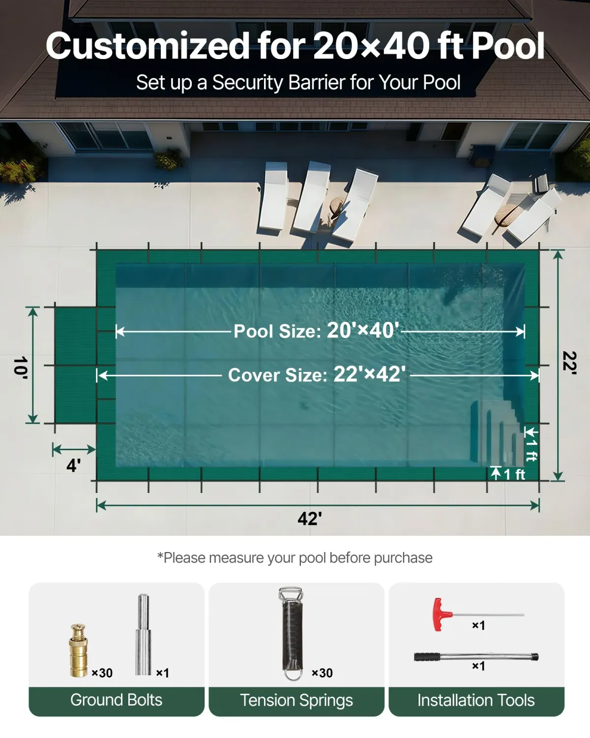 Safety 20 × 40 ft Inground Pool Cover – Heavy-Duty Mesh with Brass Anchors &amp; Springs