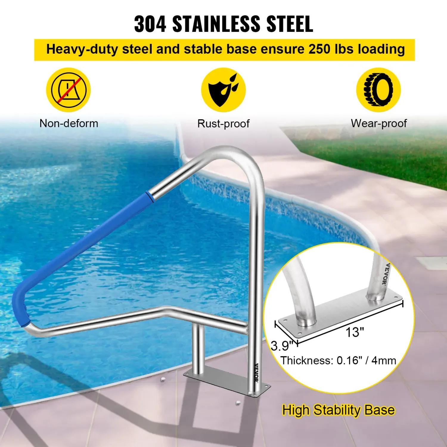 Pool Handrail 4FT Stainless Steel Swimming with Nylon Grip Cover