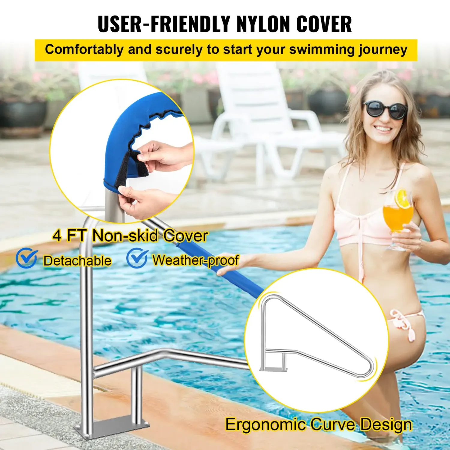 Pool Handrail 4FT Stainless Steel Swimming with Nylon Grip Cover