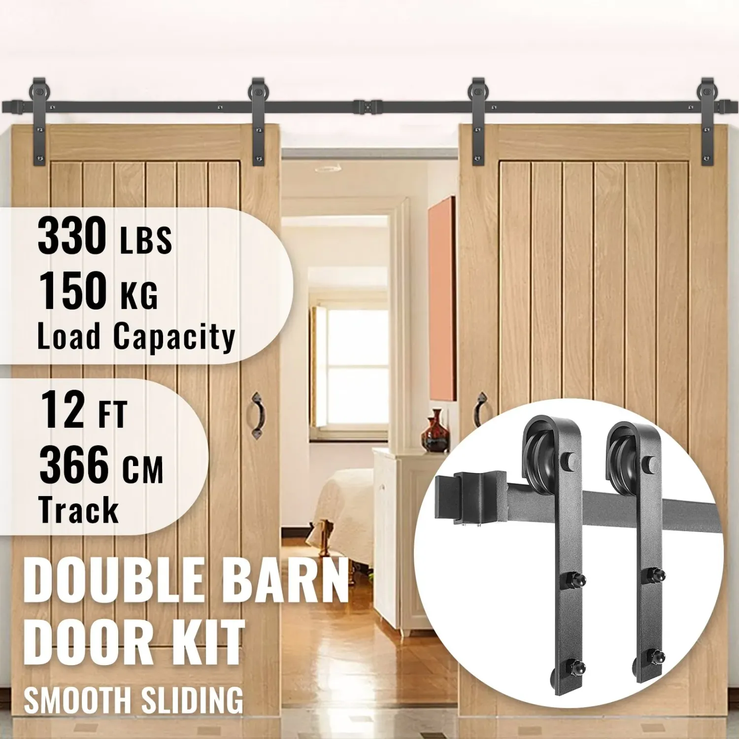 Sliding 12FT Double Sliding Barn Door Hardware Kit – Heavy-Duty Carbon Steel