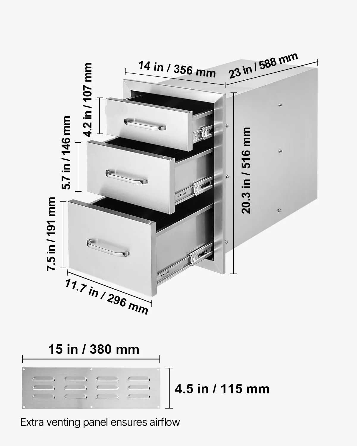 Stainless Steel 3 Chest Of Outdoor Kitchen Drawers 14 x 20.3 x 23.2 inch