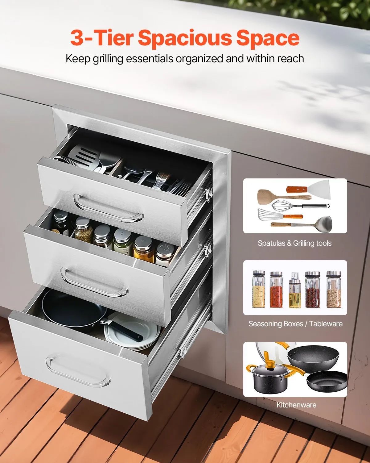 Stainless Steel 3 Chest Of Outdoor Kitchen Drawers 14 x 20.3 x 23.2 inch