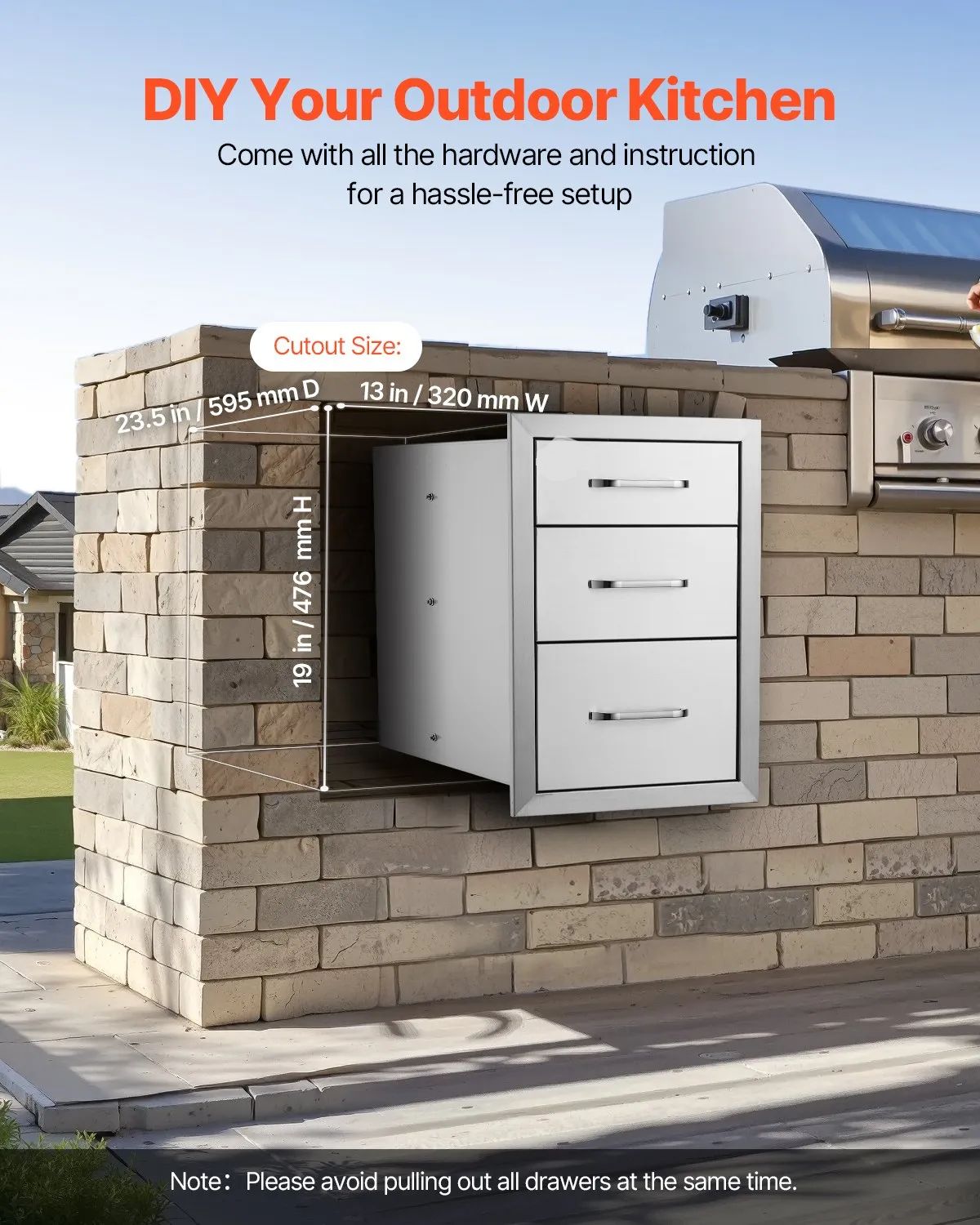 Stainless Steel 3 Chest Of Outdoor Kitchen Drawers 14 x 20.3 x 23.2 inch