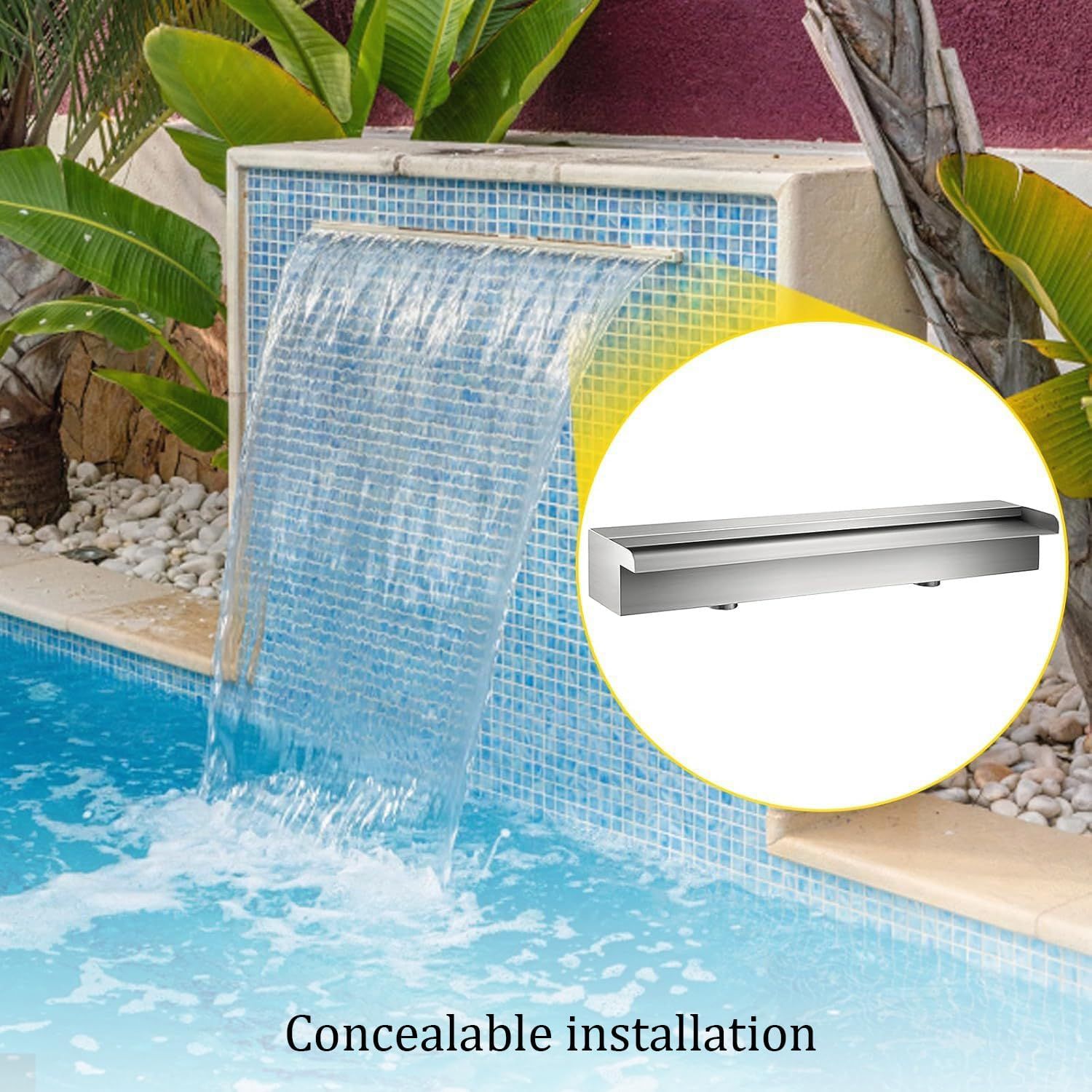 Waterfall Spillway — 60cm Stainless Steel Pool Fountain Water Feature | Garden Ponds, Stone Baskets, Pond Walls &amp; Swimming Pools — 60 x 11.5 x 8 cm