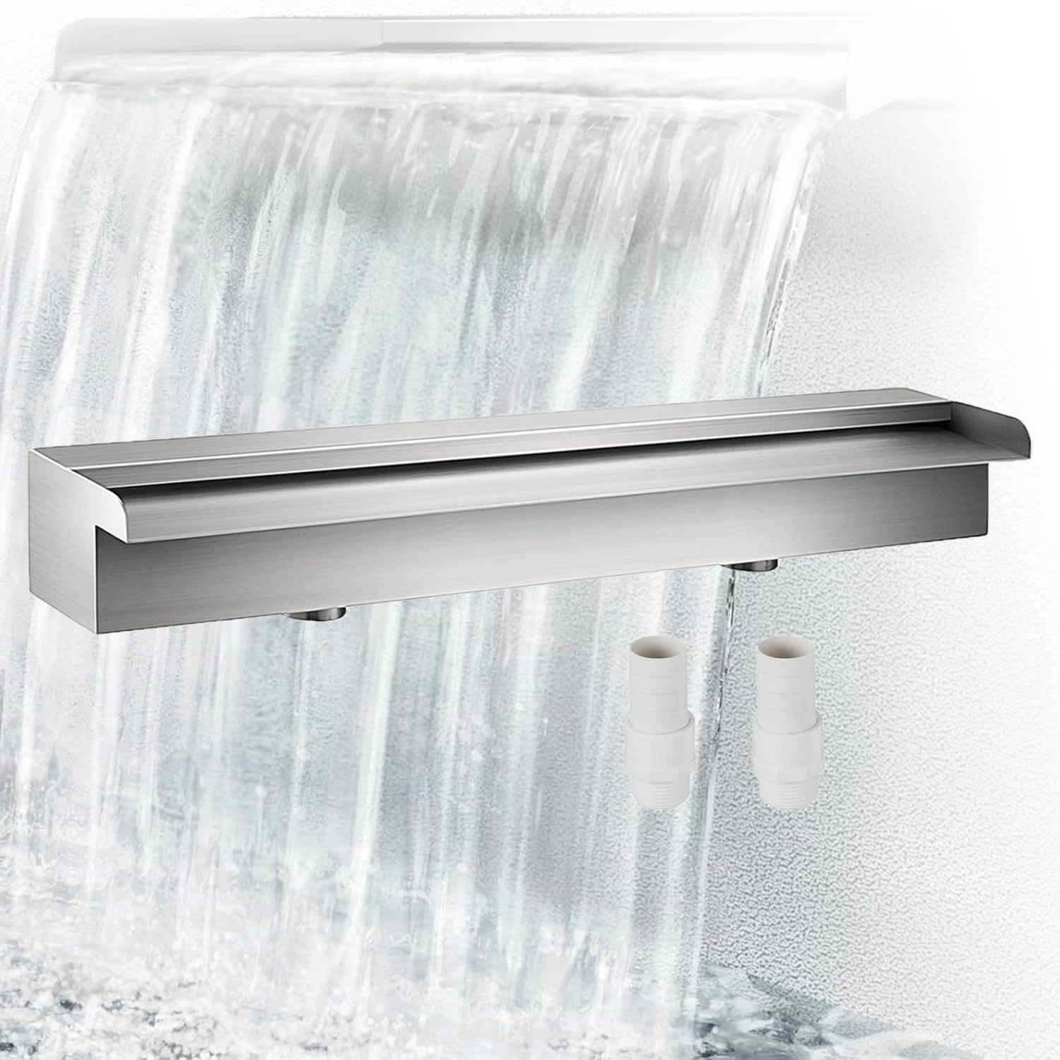 Waterfall Spillway — 60cm Stainless Steel Pool Fountain Water Feature | Garden Ponds, Stone Baskets, Pond Walls &amp; Swimming Pools — 60 x 11.5 x 8 cm