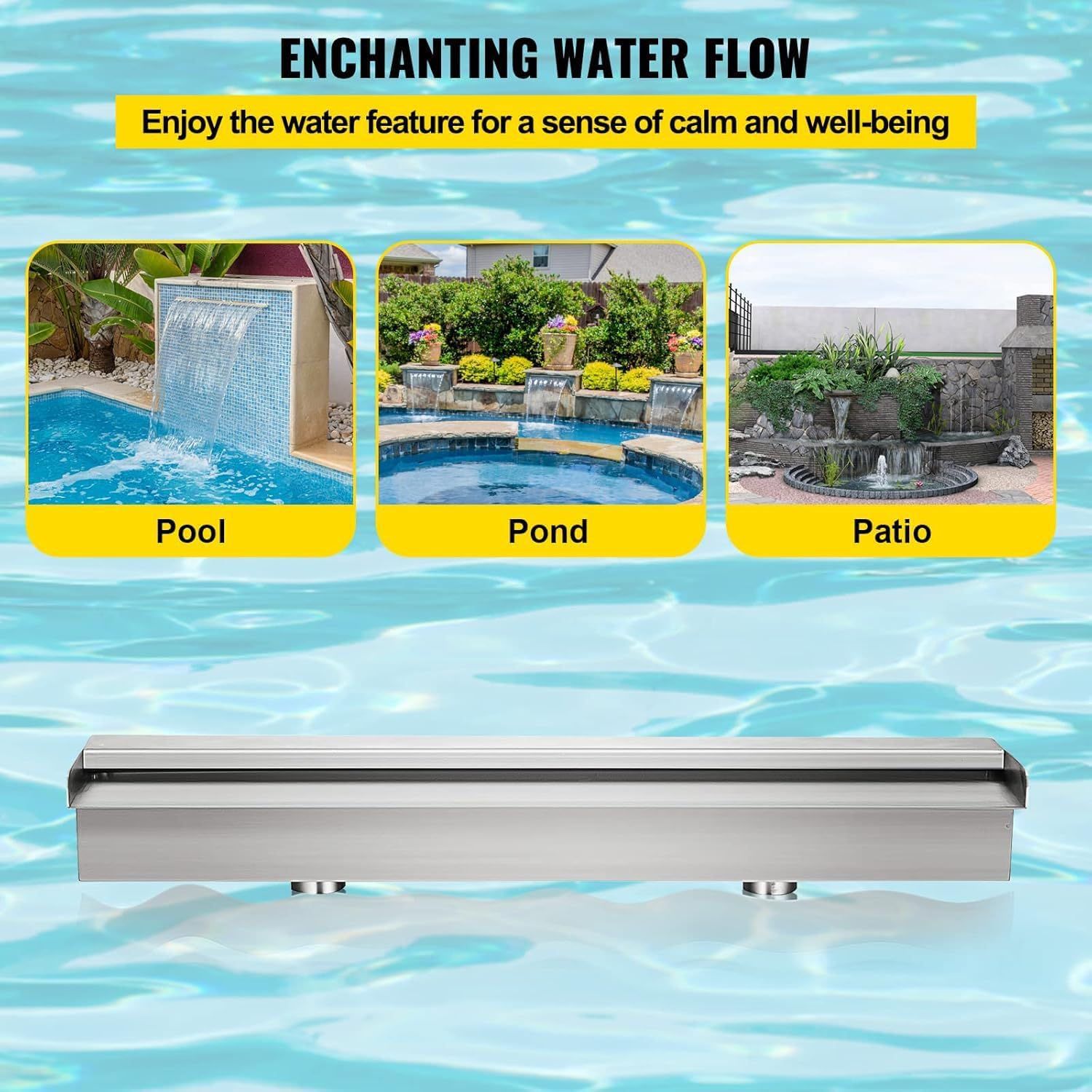 Waterfall Spillway — 60cm Stainless Steel Pool Fountain Water Feature | Garden Ponds, Stone Baskets, Pond Walls &amp; Swimming Pools — 60 x 11.5 x 8 cm