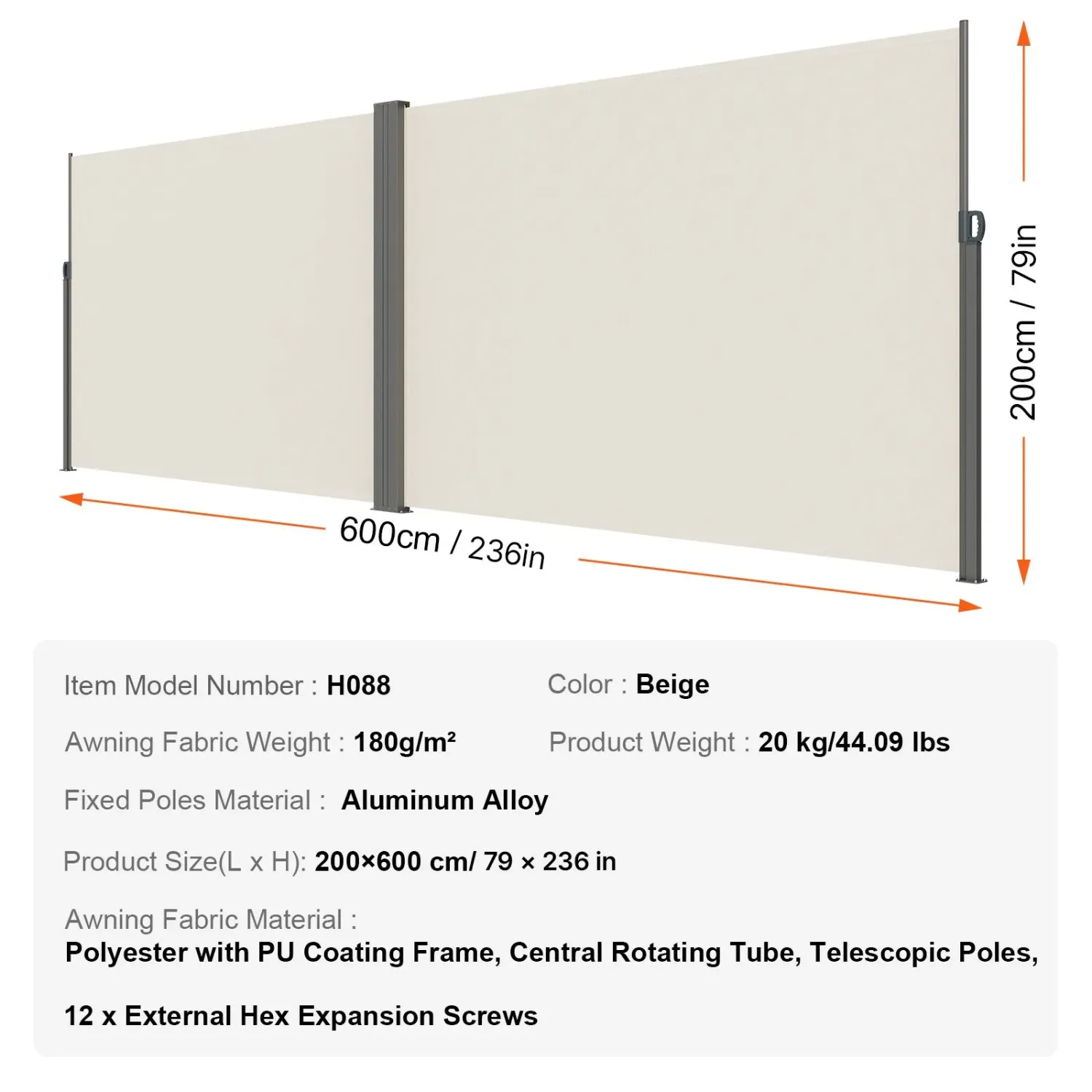 Retractable Side Awning Privacy Screen – 200 × 600 cm
