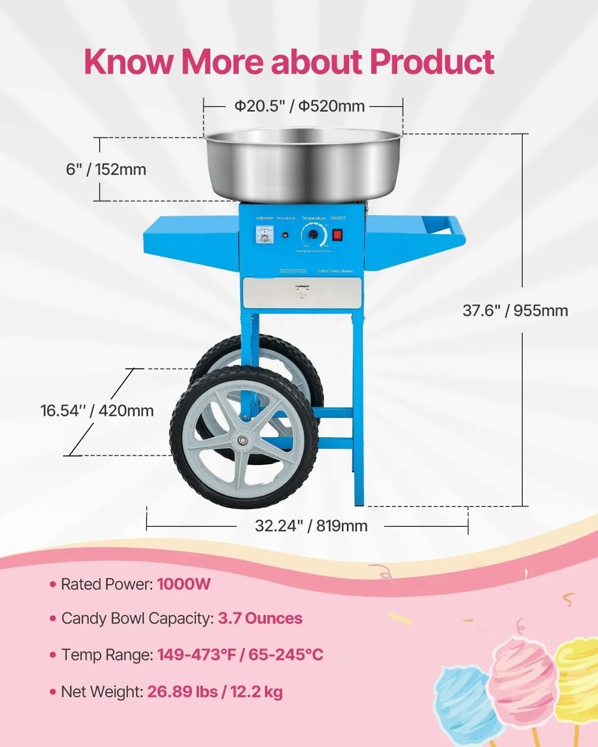 1000W Commercial Cotton Candy Machine with Cart