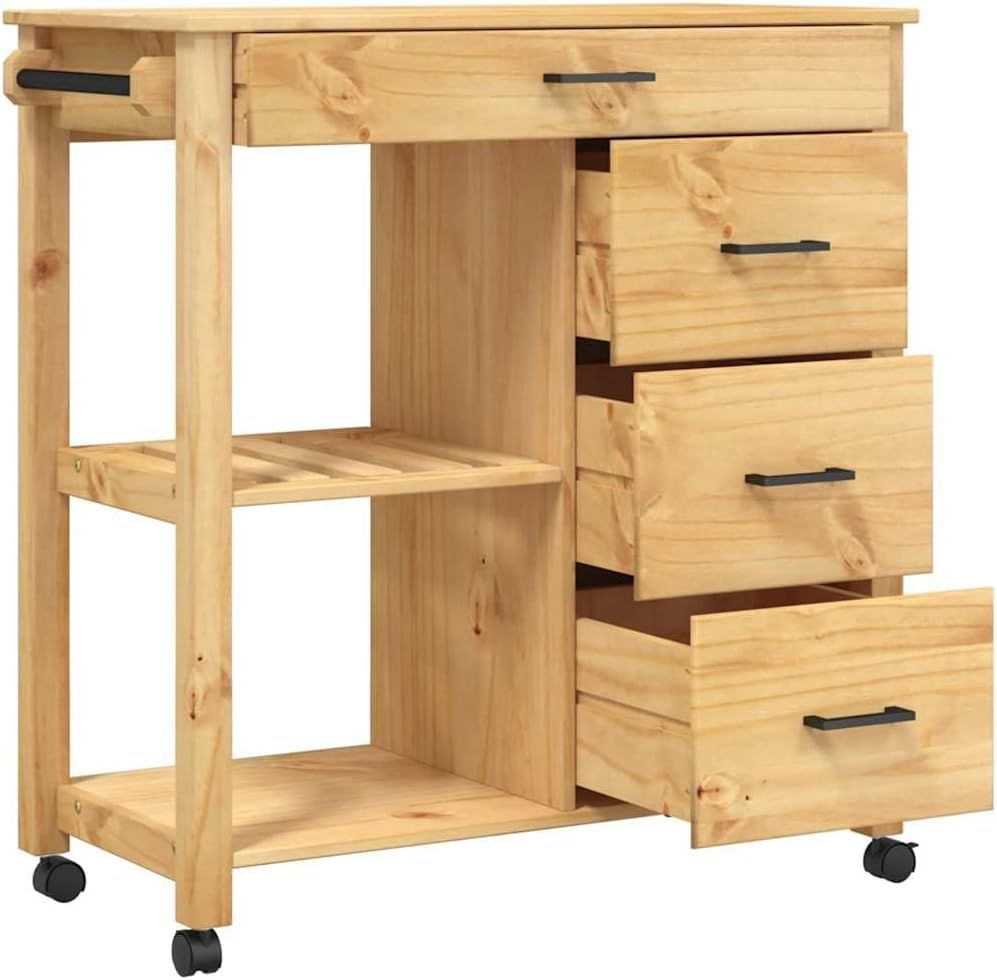 Kitchen Trolley, Serving Trolley with Lots of Storage Space, Side Trolley for Kitchen, Living Room, Bathroom, Trolley, Kitchen Shelf, Vegetable Trolley, Solid Pine Wood