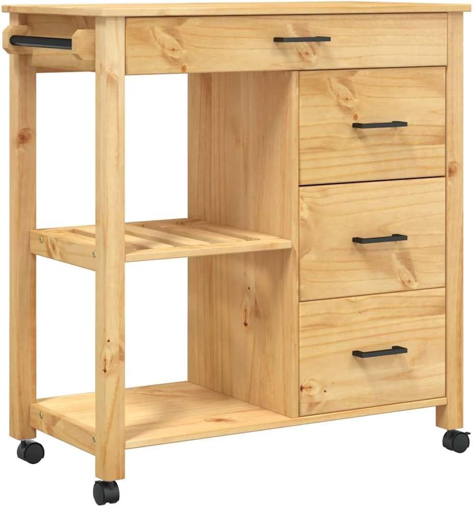 Kitchen Trolley, Serving Trolley with Lots of Storage Space, Side Trolley for Kitchen, Living Room, Bathroom, Trolley, Kitchen Shelf, Vegetable Trolley, Solid Pine Wood