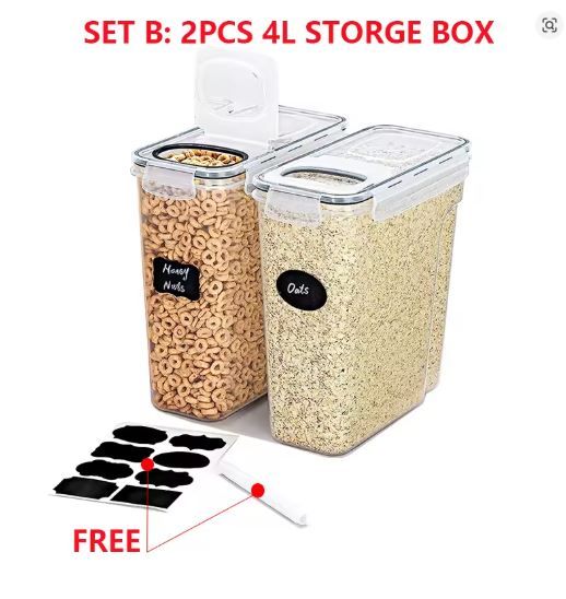 4L Airtight Cereal Storage Container with Lid, Food Storage Box with Labels