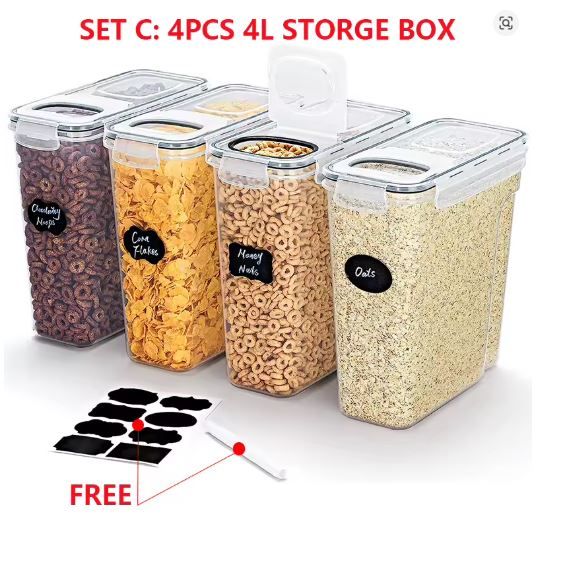 4L Airtight Cereal Storage Container with Lid, Food Storage Box with Labels