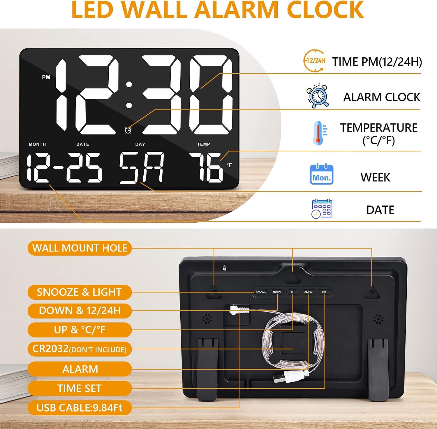 Digital Large LED Display Clock with Calendar and Alarm – 11.5'' Time and Date