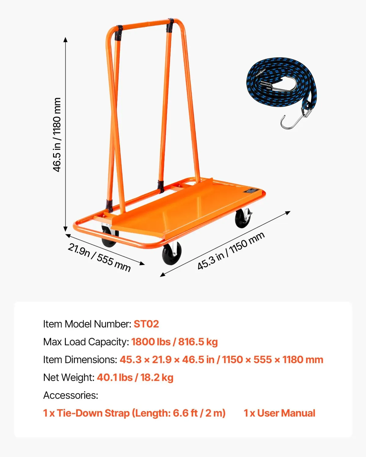 Heavy Duty Drywall Panel Dolly Cart 816kg