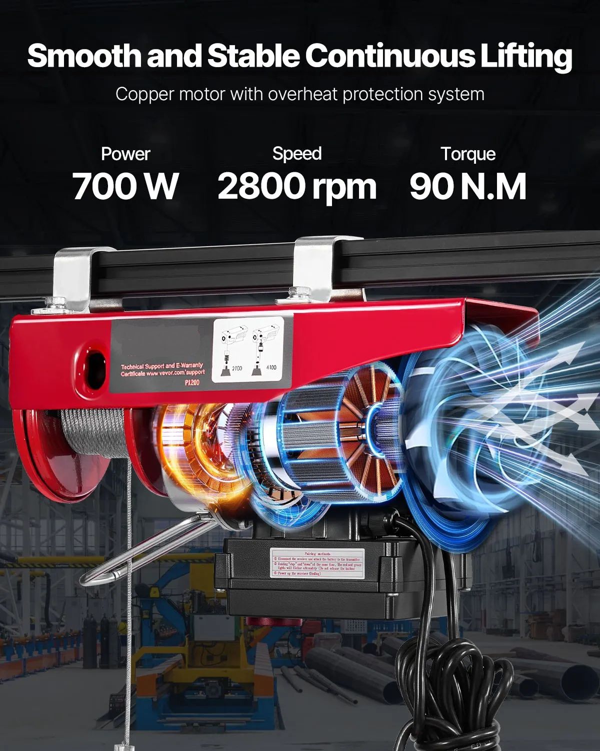 Electric Cable Hoist – 200 kg Capacity, Wired &amp; Wireless Remote Control