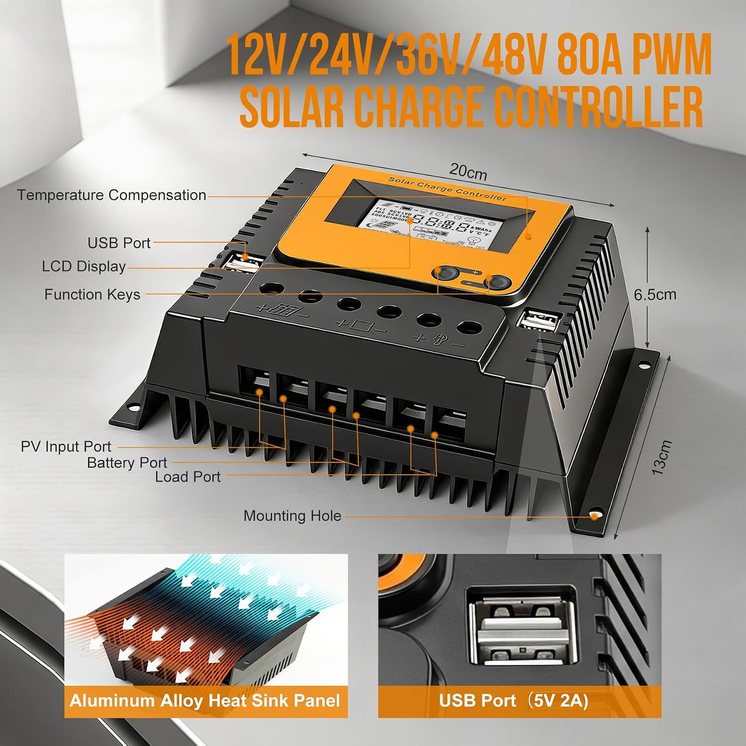 Solar charge controller 20A with Bluetooth &amp; APP Monitoring – 12V/24V PWM Controller