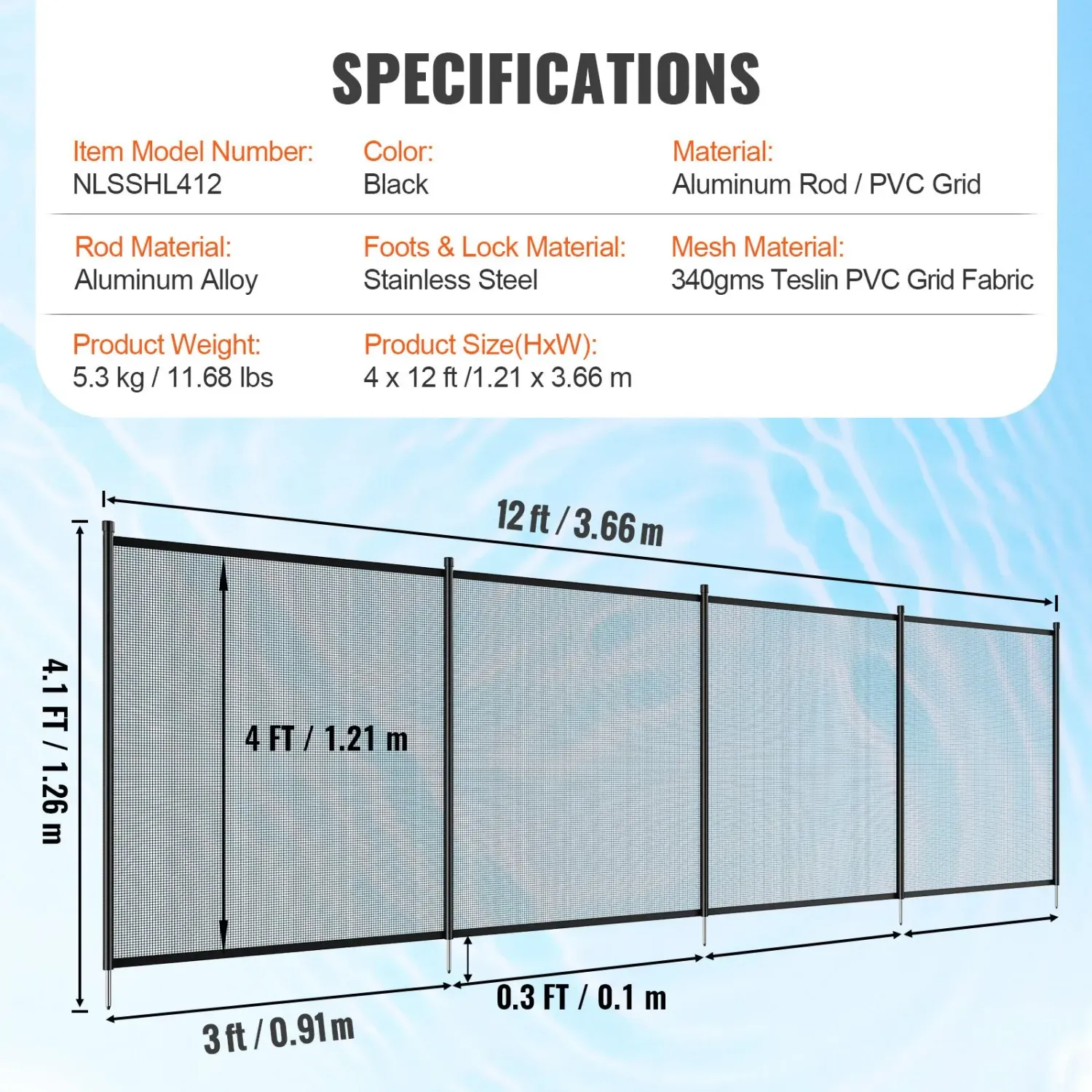 Removable 4 × 12ft Pool Safety Fence – Black Teslin PVC Mesh