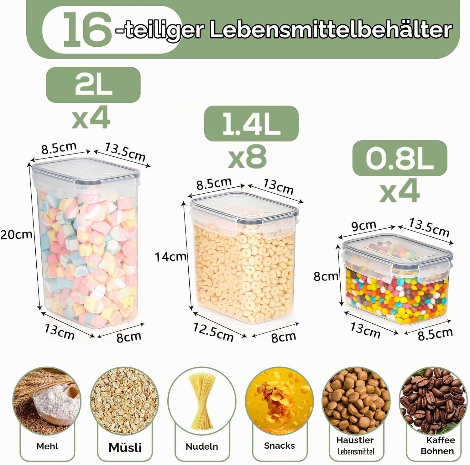 8=16pcs Airtight Storage Jars Kitchen Organiser