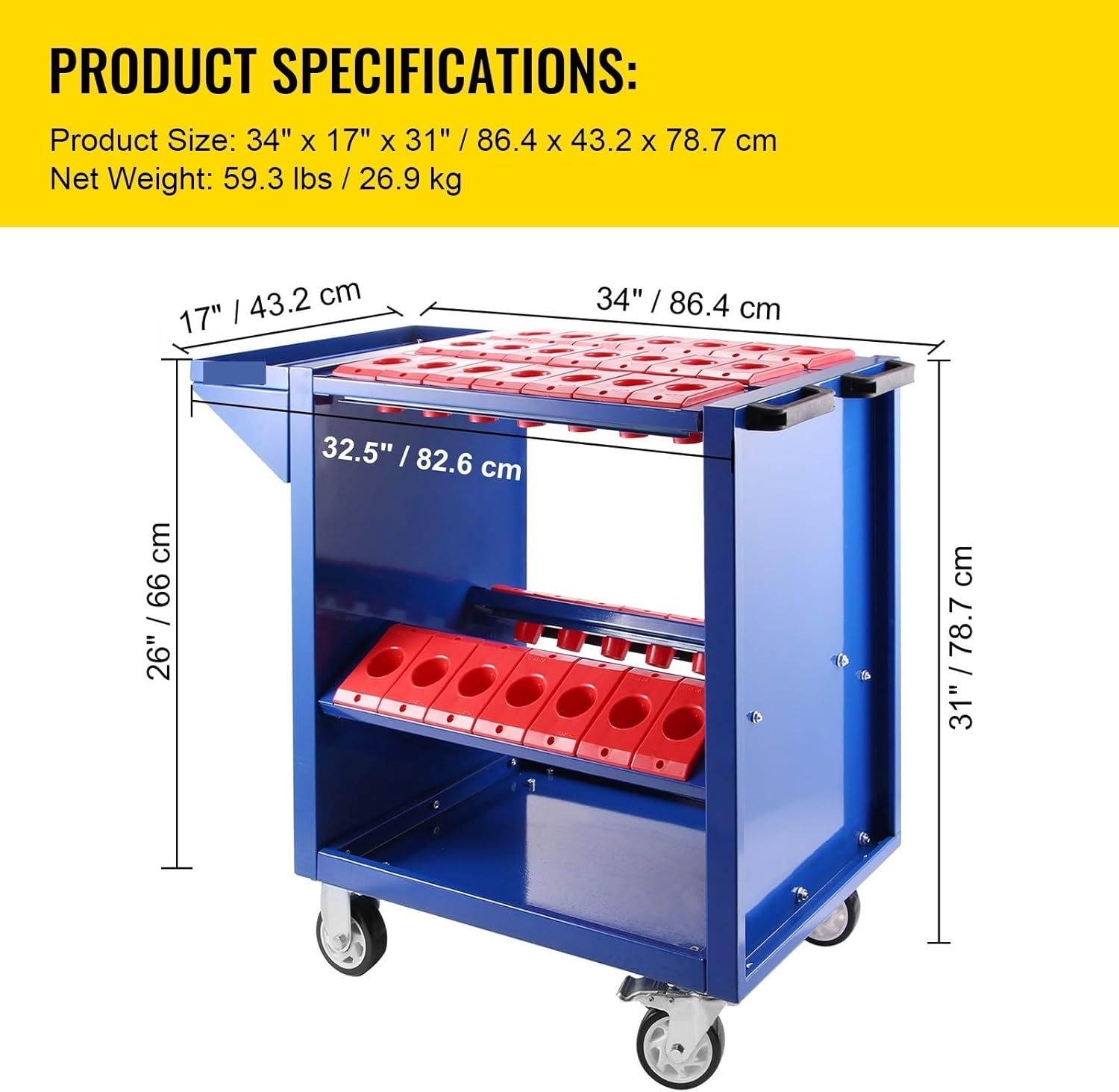 BT40 CNC Tool Cart Trolley 35-Slot Tool Holder Rack – Blue 40 Conical Storage Shelf with Swivel &amp; Fixed Wheels