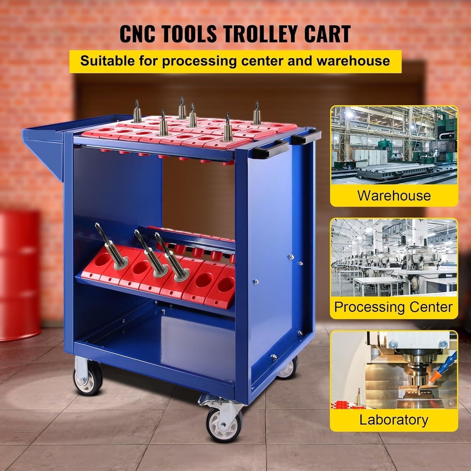 BT40 CNC Tool Cart Trolley 35-Slot Tool Holder Rack – Blue 40 Conical Storage Shelf with Swivel &amp; Fixed Wheels