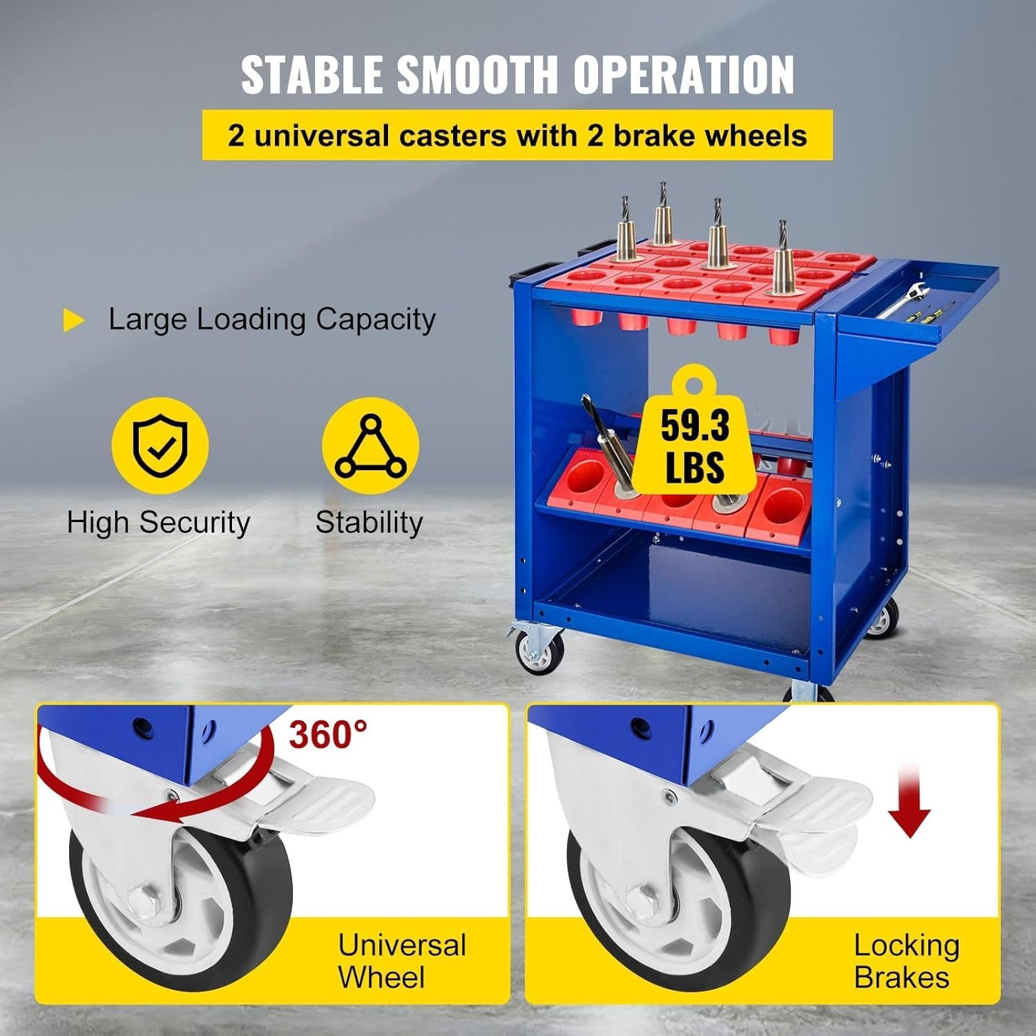 BT40 CNC Tool Cart Trolley 35-Slot Tool Holder Rack – Blue 40 Conical Storage Shelf with Swivel &amp; Fixed Wheels