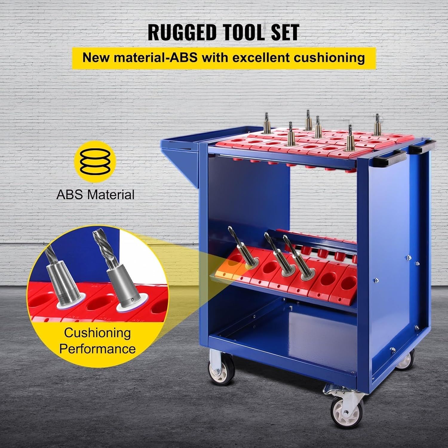 BT40 CNC Tool Cart Trolley 35-Slot Tool Holder Rack – Blue 40 Conical Storage Shelf with Swivel &amp; Fixed Wheels