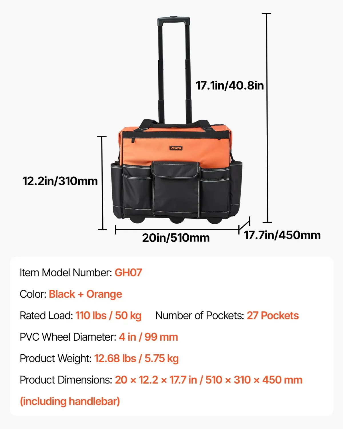 Heavy Duty Rolling Tool Bag with Wheels, 50kg Load Capacity, 27-Pocket Tool Organizer, Telescopic Handle, Work Backpack for Mechanics &amp; Construction, 510x310x450mm