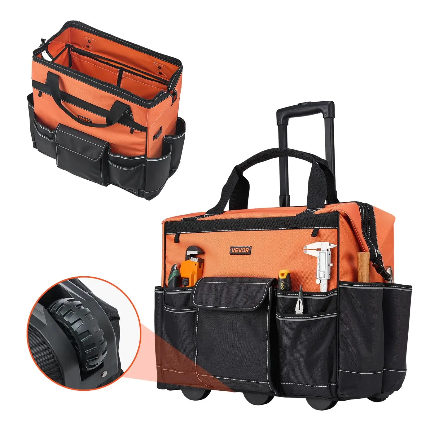 Heavy Duty Rolling Tool Bag with Wheels, 50kg Load Capacity, 27-Pocket Tool Organizer, Telescopic Handle, Work Backpack for Mechanics &amp; Construction, 510x310x450mm