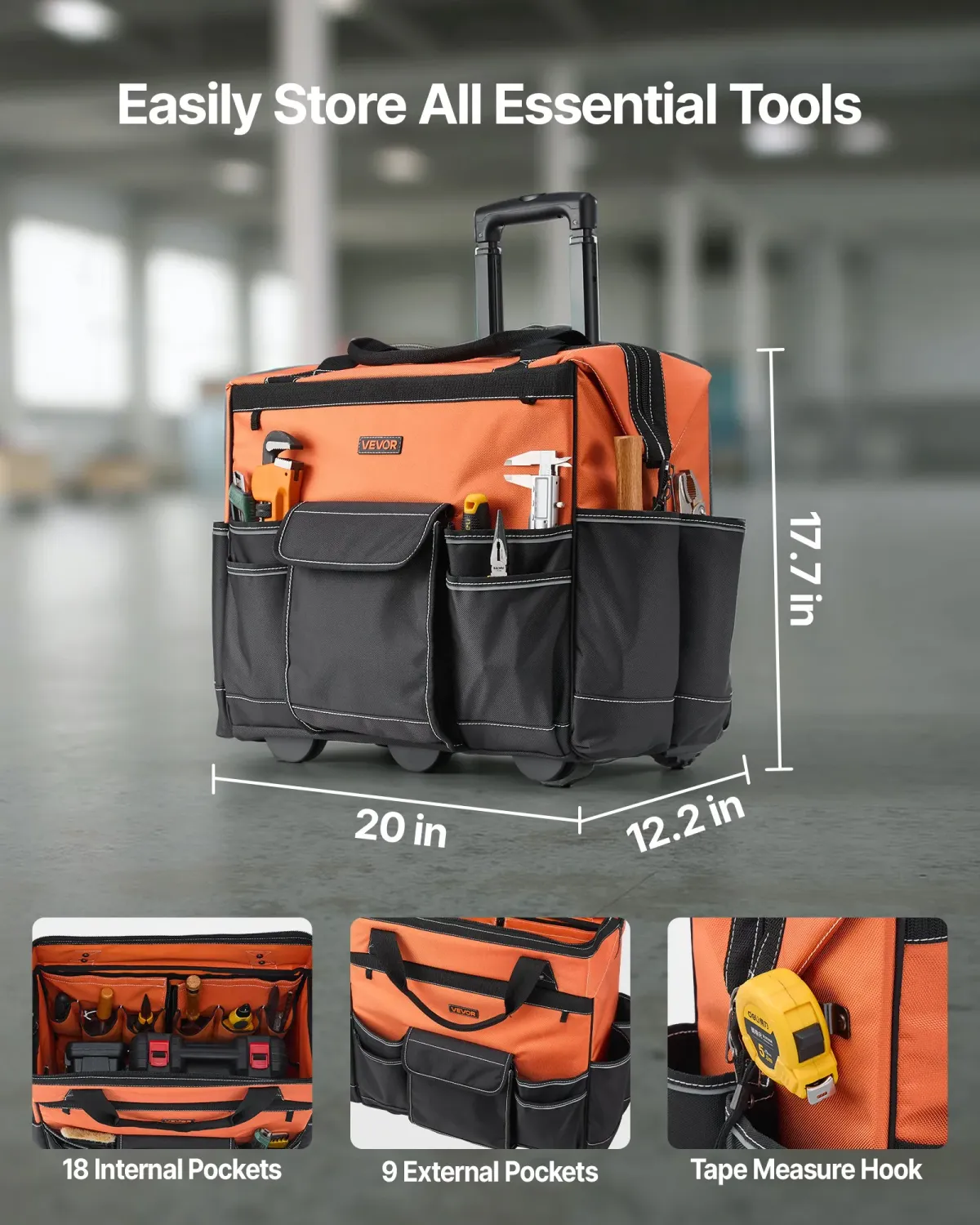 Heavy Duty Rolling Tool Bag with Wheels, 50kg Load Capacity, 27-Pocket Tool Organizer, Telescopic Handle, Work Backpack for Mechanics &amp; Construction, 510x310x450mm