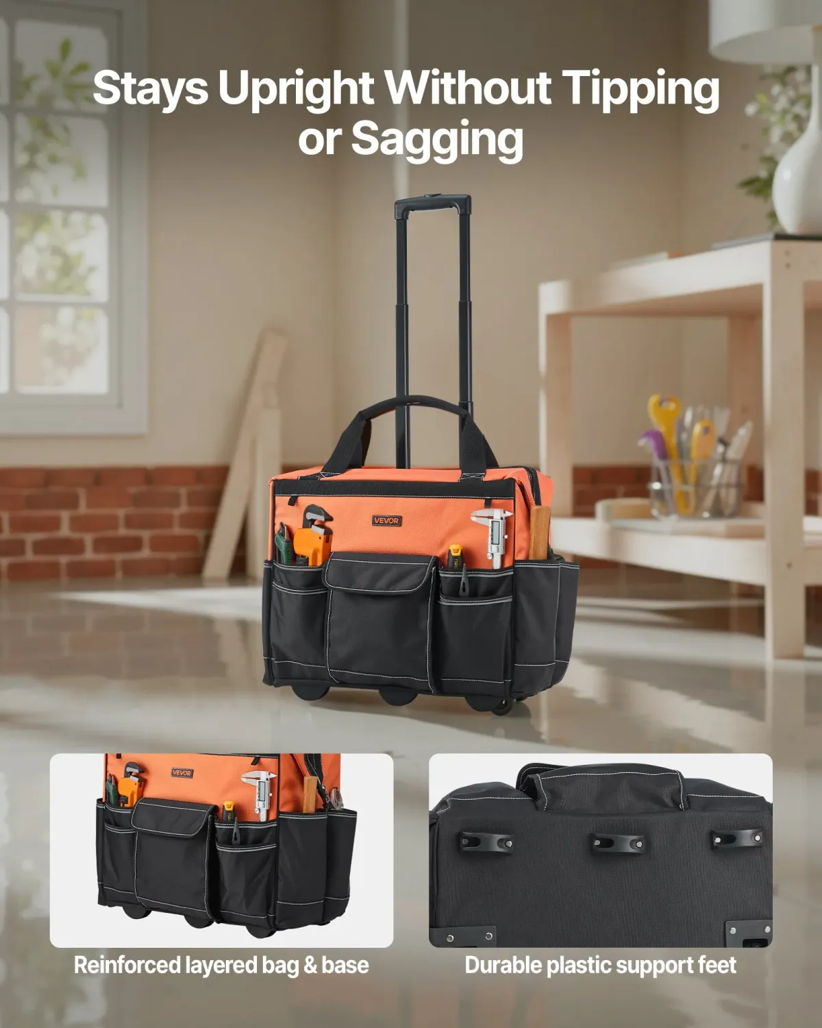Heavy Duty Rolling Tool Bag with Wheels, 50kg Load Capacity, 27-Pocket Tool Organizer, Telescopic Handle, Work Backpack for Mechanics &amp; Construction, 510x310x450mm