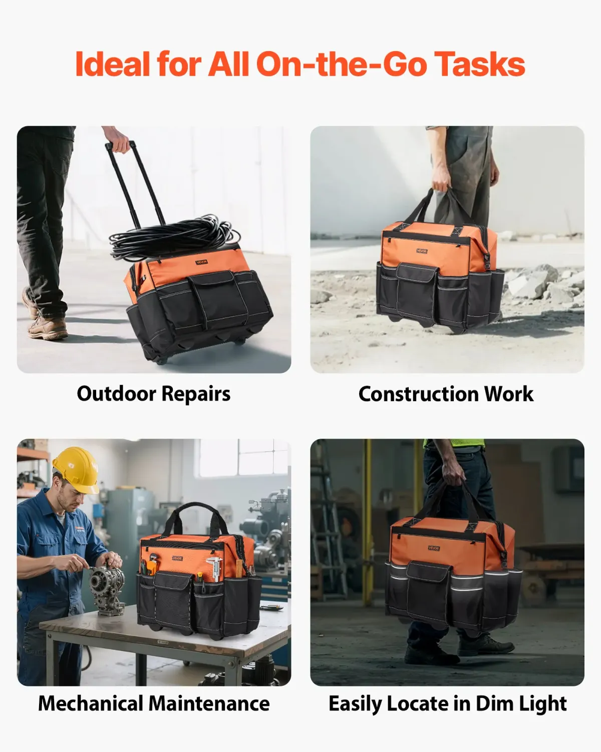 Heavy Duty Rolling Tool Bag with Wheels, 50kg Load Capacity, 27-Pocket Tool Organizer, Telescopic Handle, Work Backpack for Mechanics &amp; Construction, 510x310x450mm