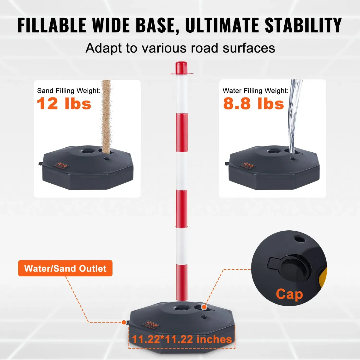Adjustable Traffic Delineator Posts – Fillable Base, Red &amp; White Safety Barrier sets of 4
