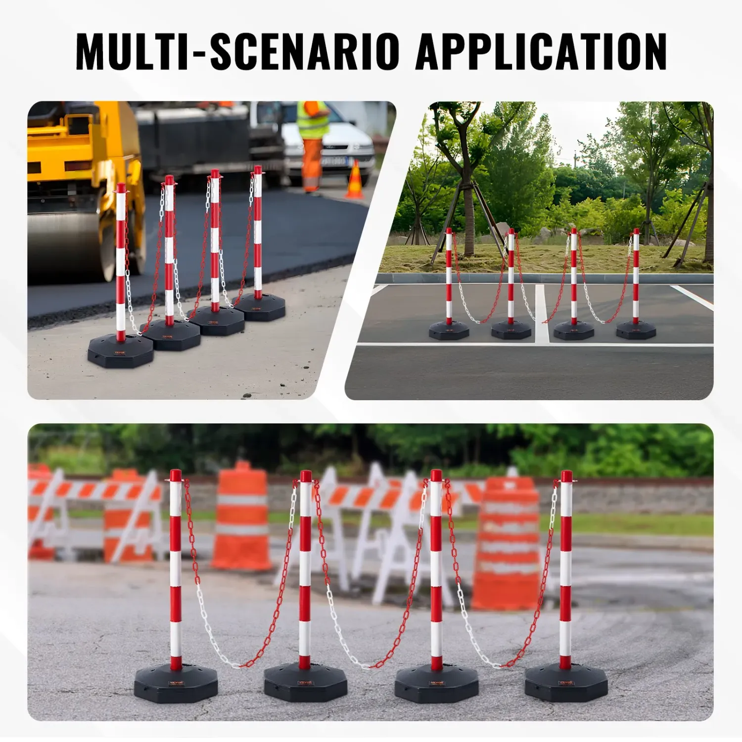 Adjustable Traffic Delineator Posts – Fillable Base, Red &amp; White Safety Barrier sets of 4