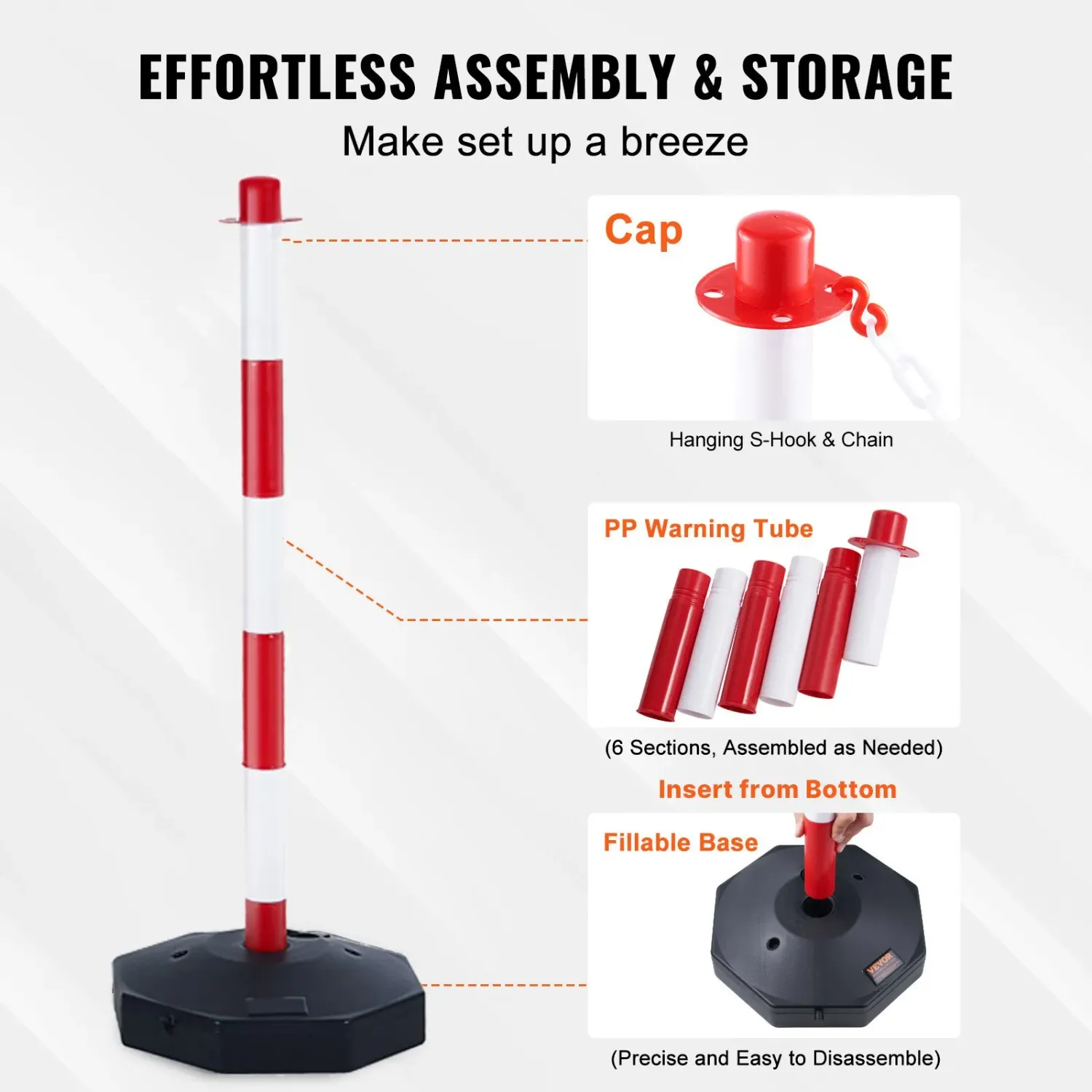 Adjustable Traffic Delineator Posts – Fillable Base, Red &amp; White Safety Barrier sets of 4