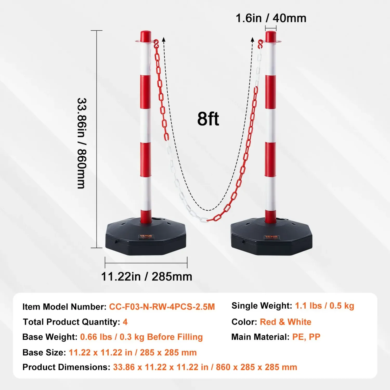 Adjustable Traffic Delineator Posts – Fillable Base, Red &amp; White Safety Barrier sets of 4