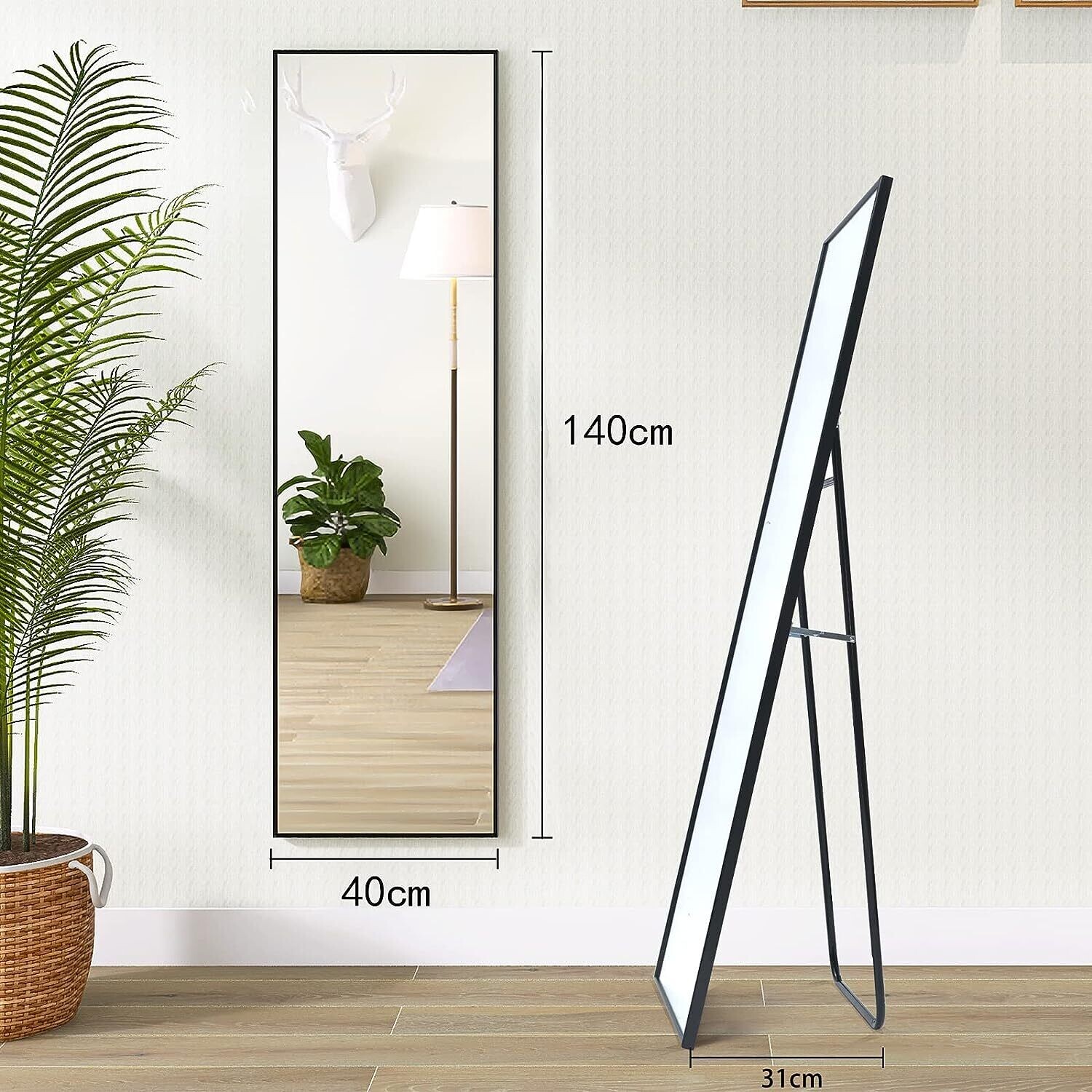 140x40cm Standing Mirror Black Aluminium Frame