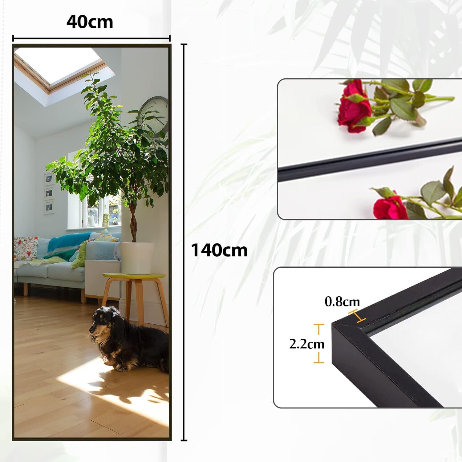 140x40cm Standing Mirror Black Aluminium Frame
