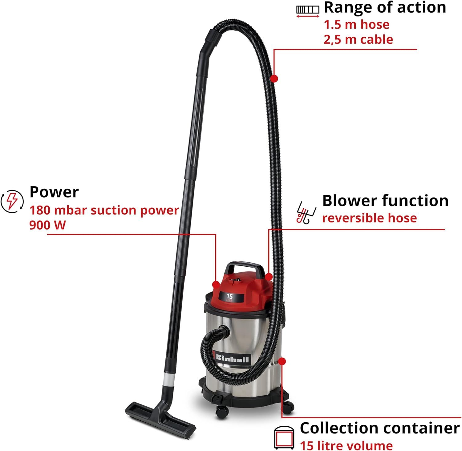 15L Wet and Dry Vacuum Cleaner 900W 15L Stainless Steel Tank