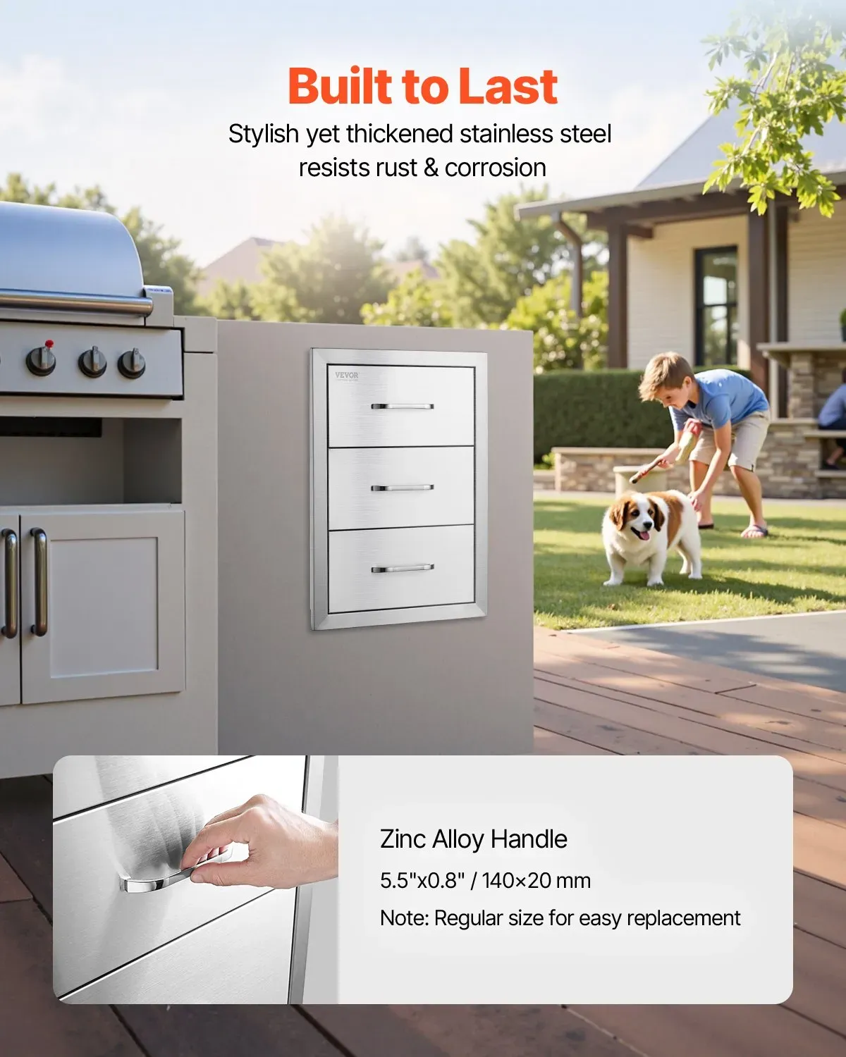 Outdoor Kitchen BBQ Drawers 16 x 21.5 x 18 Inch, Triple Access Stainless Steel Grill Island Drawer Cabinet with Handle