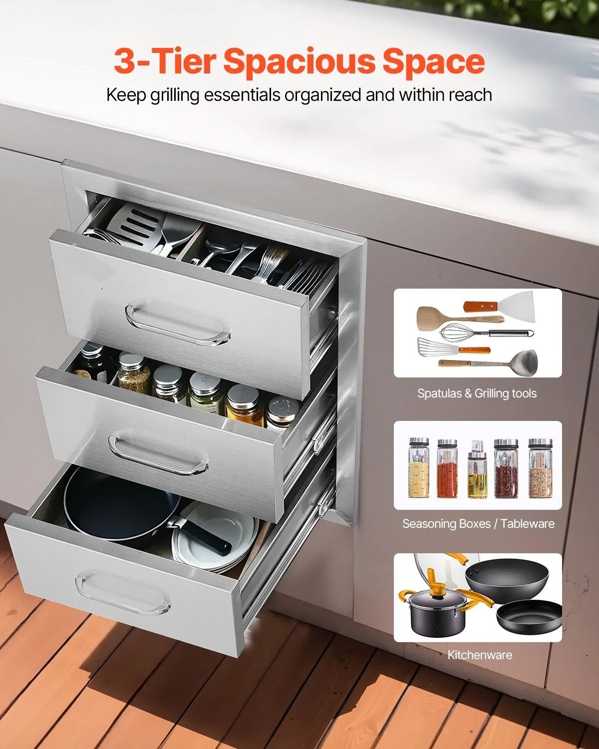 Outdoor Kitchen BBQ Drawers 16 x 21.5 x 18 Inch, Triple Access Stainless Steel Grill Island Drawer Cabinet with Handle