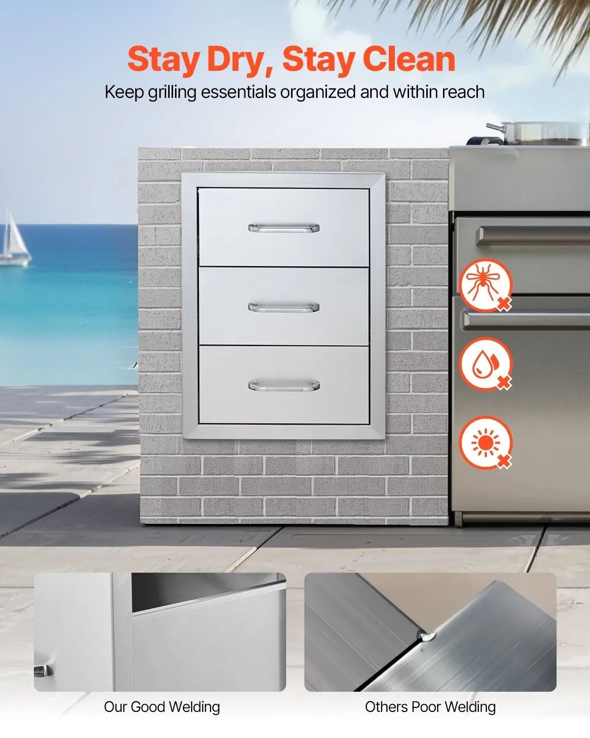 Outdoor Kitchen BBQ Drawers 16 x 21.5 x 18 Inch, Triple Access Stainless Steel Grill Island Drawer Cabinet with Handle