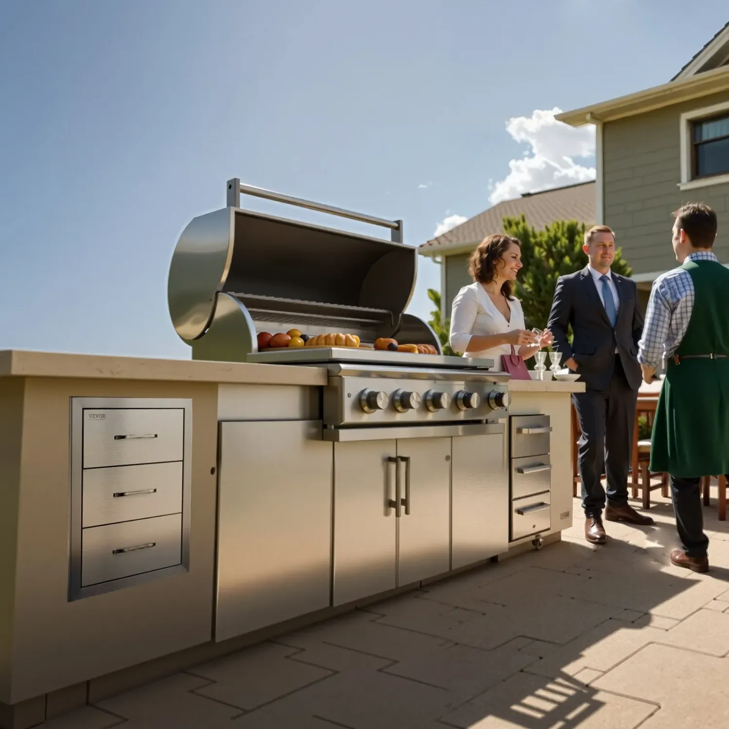 Outdoor Kitchen BBQ Drawers 16 x 21.5 x 18 Inch, Triple Access Stainless Steel Grill Island Drawer Cabinet with Handle