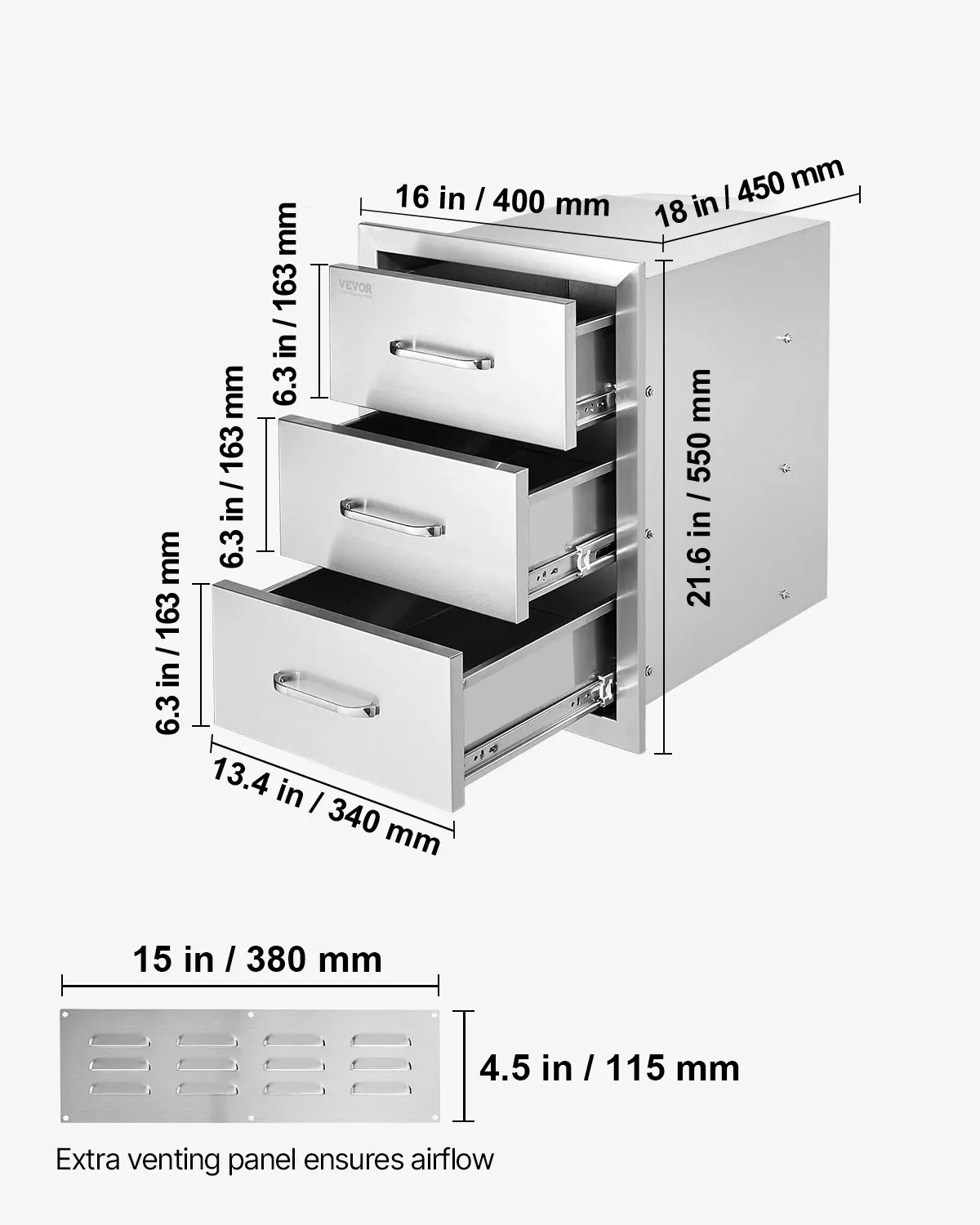 Outdoor Kitchen BBQ Drawers 16 x 21.5 x 18 Inch, Triple Access Stainless Steel Grill Island Drawer Cabinet with Handle