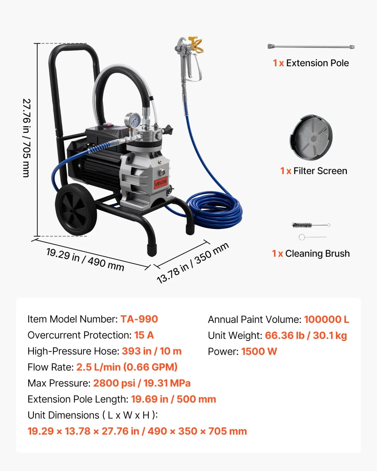 Airless Paint Sprayer 1500W 2800PSI Electric Cart Paint Sprayer with Extension Pole