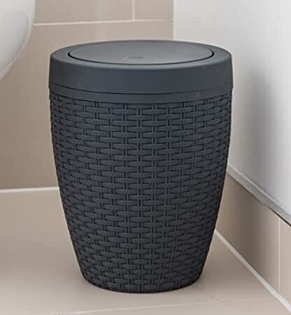 Round Rattan Bathroom Bin 5L Compact Swing-Lid Waste Bin