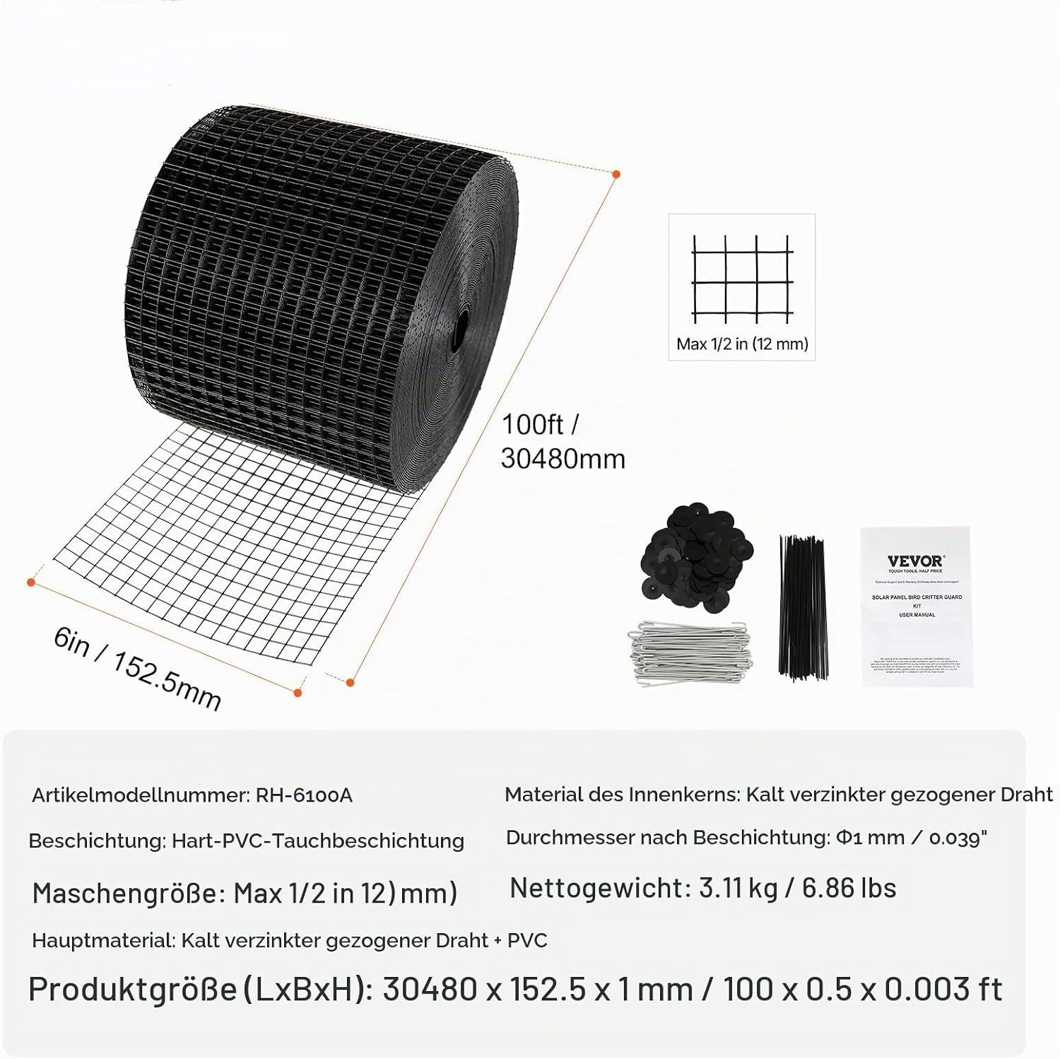 Solar Panel Bird Guard Mesh – 100ft Galvanised Steel Critter Guard Roll Kit